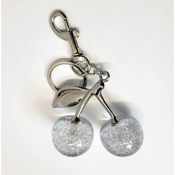 Clear White Cherry Keychain Bag Charm Silver Tone Resin Lobster Clasp New - Picture 2 of 15